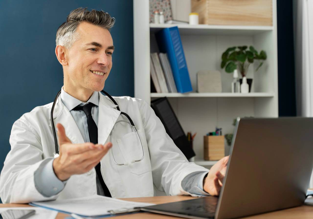 A clinician working at his desk